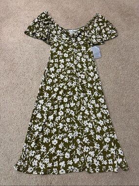 Lush Olive Green and White Floral Midi Dress